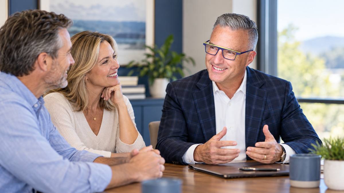 Financial advisor meeting with a smiling couple at a conference table